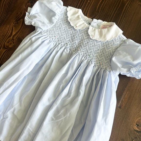 Petit Ami Baby Blue Smocked Collared Dress with Rosettes 0-3M - Picture 2 of 3